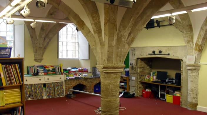 Remains of the Cathedral Priory's Guest Hall - today a nursery classroom of Durham's Chorister School.